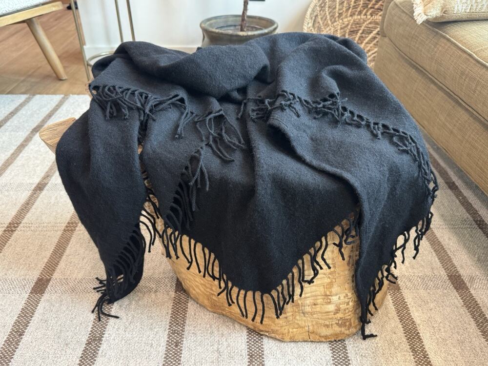 Aritzia Wilfred 100% Wool Black Triangle Fringe Neck Scarf Shawl Wrap